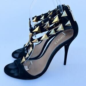 Schutz Black Suede Studded Heels Gold Ankle Strap Pointed Stiletto Pumps 8 39